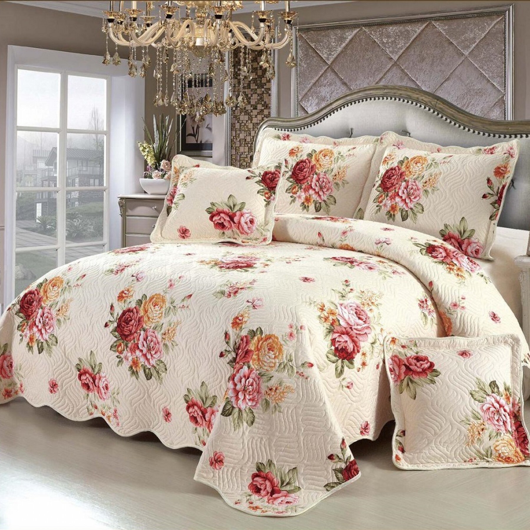 Cuvertura de pat + 4 Fete de Perna – Pat 2 Persoane – 100% bumbac , culoare crem , model floral