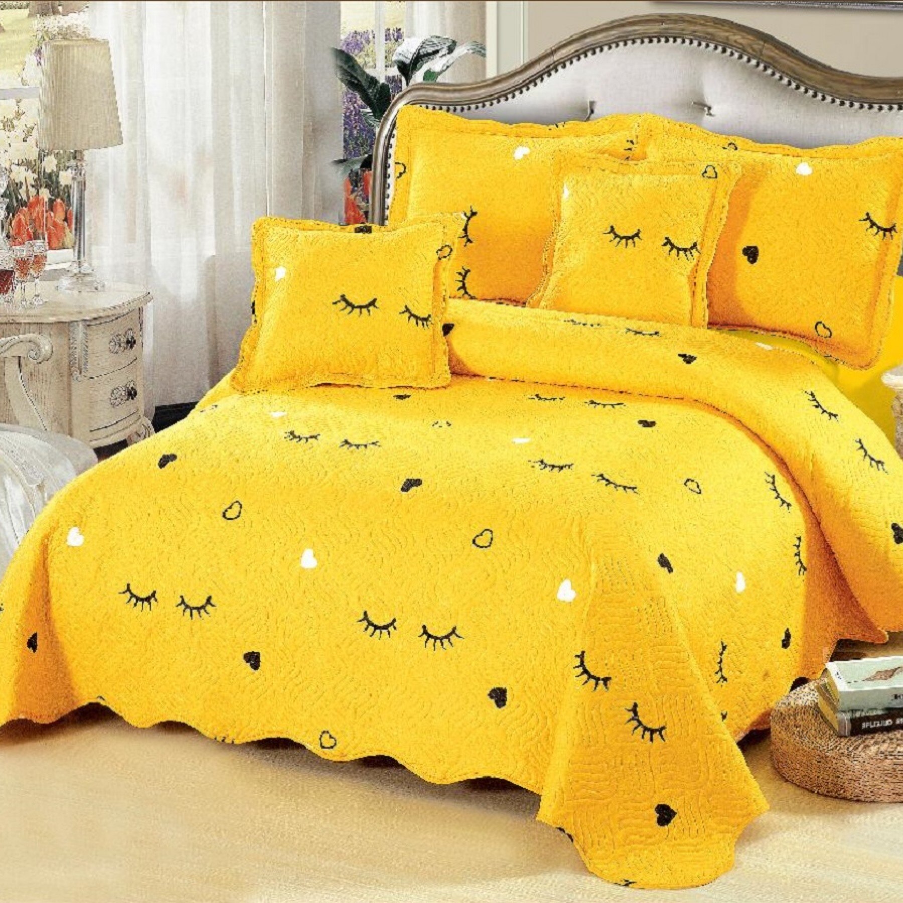 Cuvertura de pat + 4 Fete de Perna – Pat 2 Persoane – 100% bumbac , culoare galben