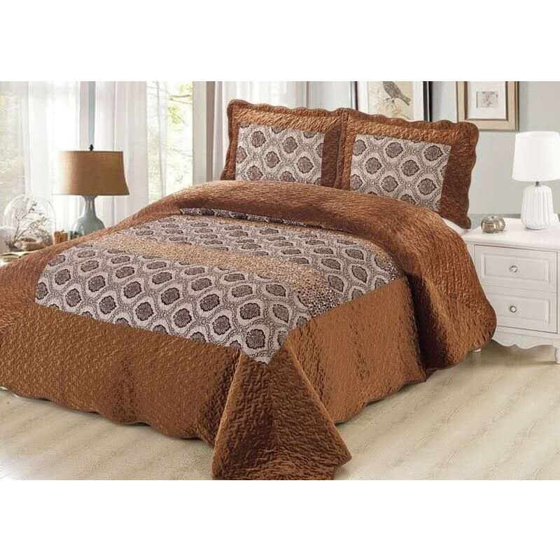 Cuvertura de pat + 2 Fete de Perna – Pat 2 Persoane – din catifea , culoare maro deschis