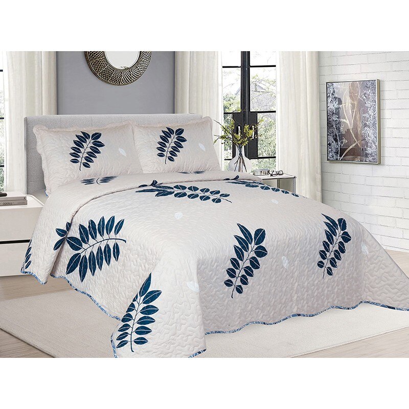 Cuvertura de pat din finet , imprimata, 3 piese , culoare alb-albastru