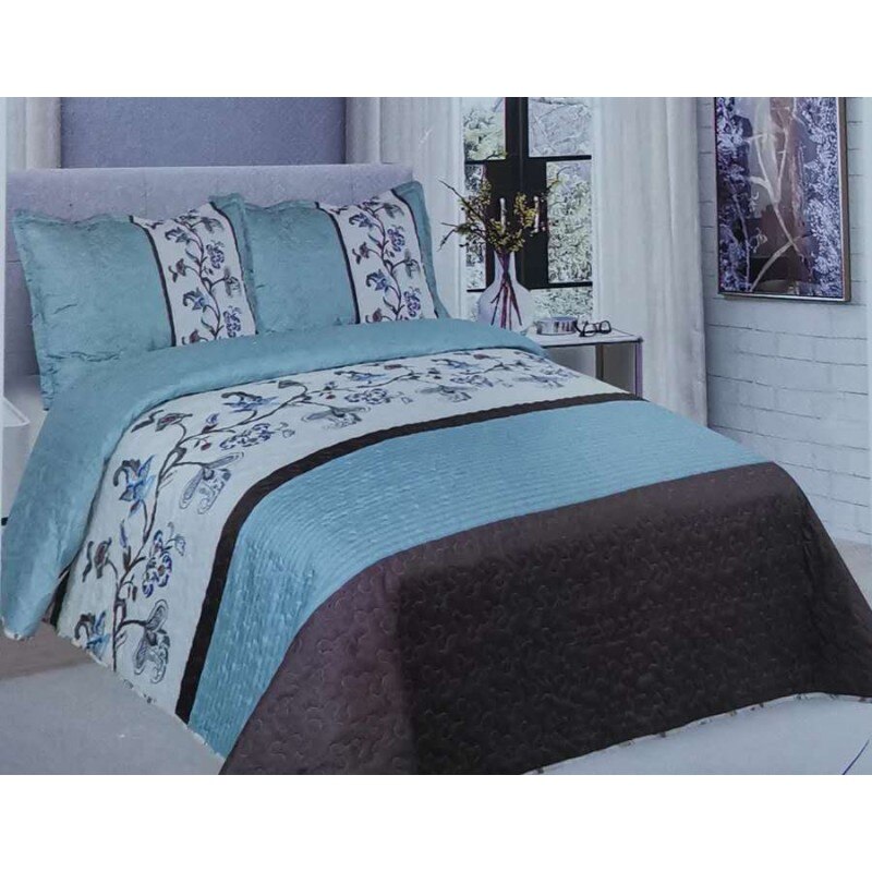 Cuvertura de pat din finet , imprimata, 3 piese , culoare turcoaz/negru