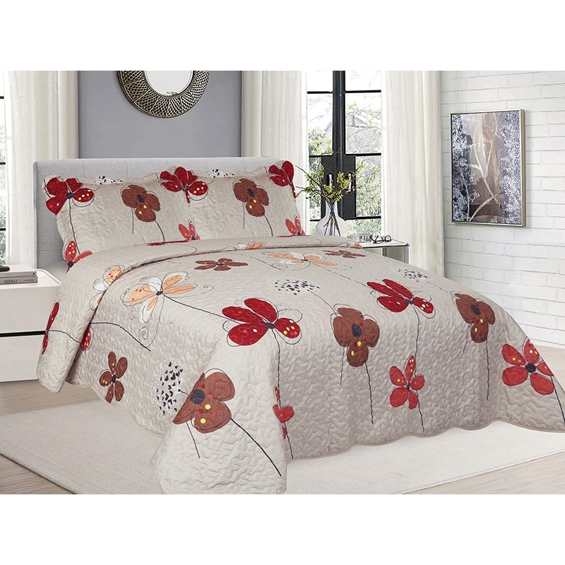 Cuvertura de pat din finet , imprimata, 3 piese , culoare crem/rosu , model floral