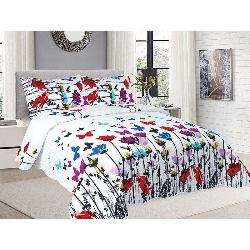 Cuvertura de pat din finet , imprimata, 3 piese , culoare alb multicolor