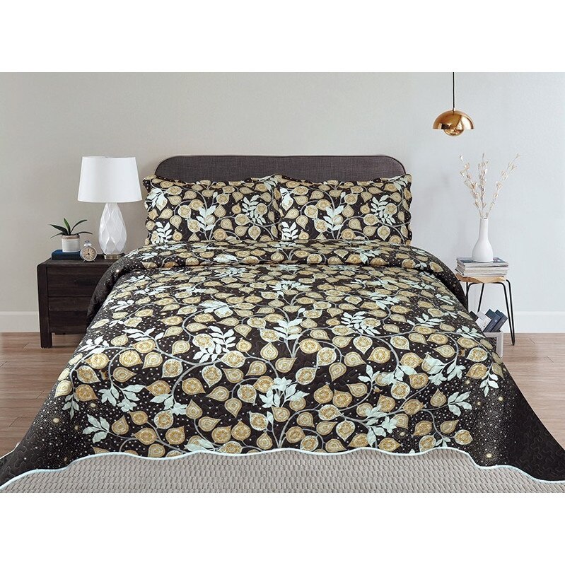 Cuvertura de pat din finet , imprimata, 3 piese , culoare maro/galben