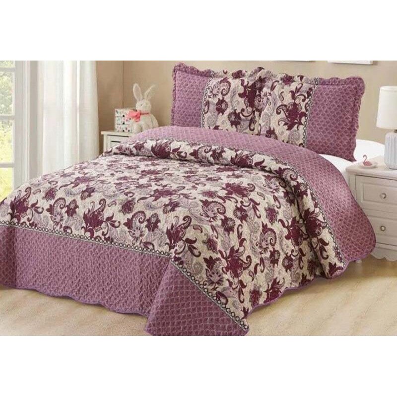 Cuvertura de pat din finet , imprimata, 3 piese , culoare alb-roze