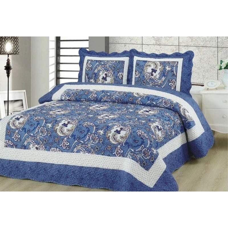 Cuvertura de pat din finet , imprimata, 3 piese , culoare albastru , model abstract