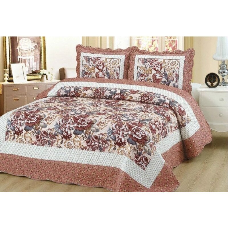 Cuvertura de pat din finet , imprimata, 3 piese , culoare roz/roze , model floral