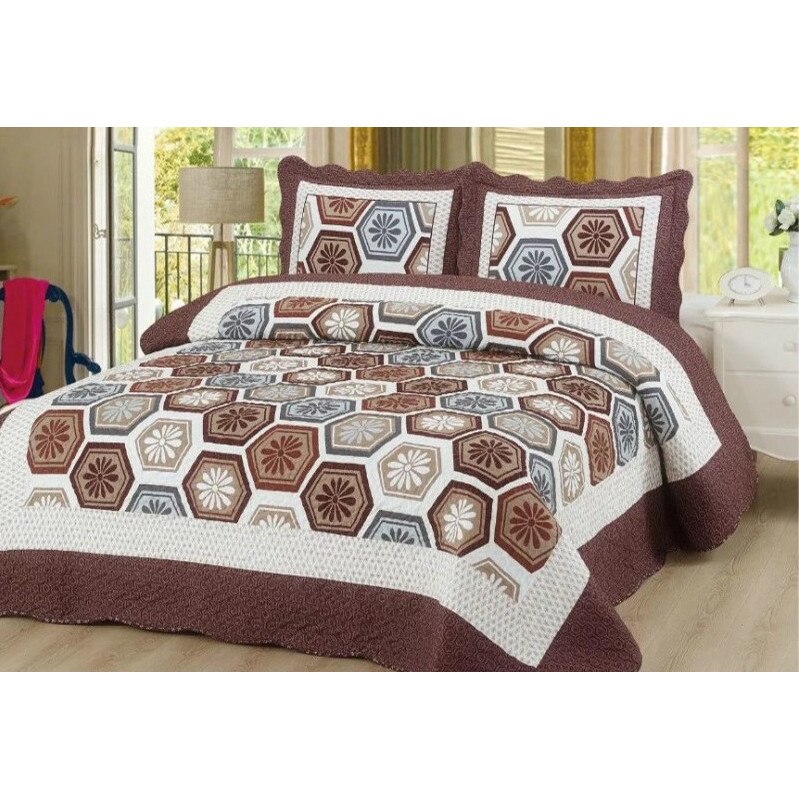 Cuvertura de pat din finet , imprimata, 3 piese , culoare maro ,cu model