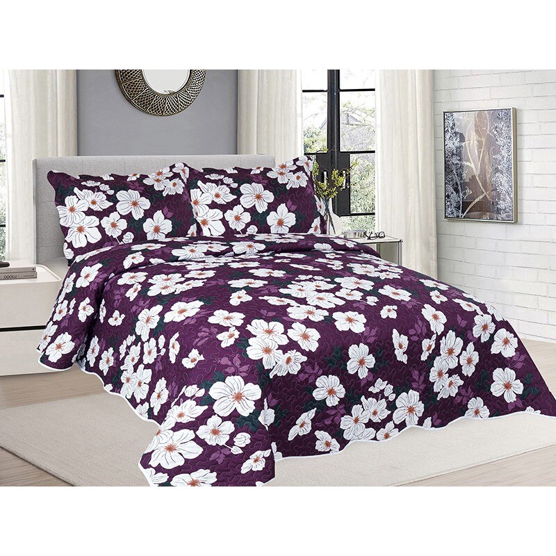Cuvertura de pat din finet , imprimata, 3 piese , culoare alb violet