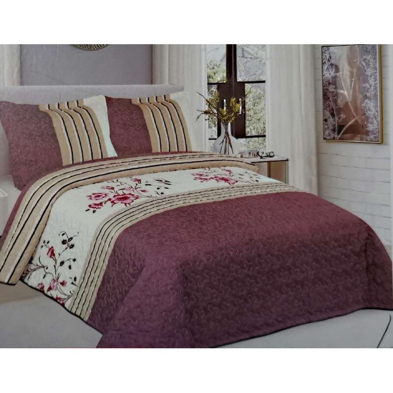 Cuvertura de pat din finet , imprimata, 3 piese , culoare crem/bej/bordo