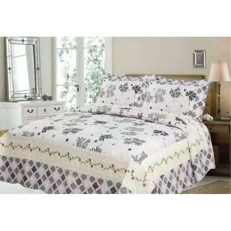 Cuvertura de pat din finet , imprimata, 3 piese , culoare alb/crem/gri