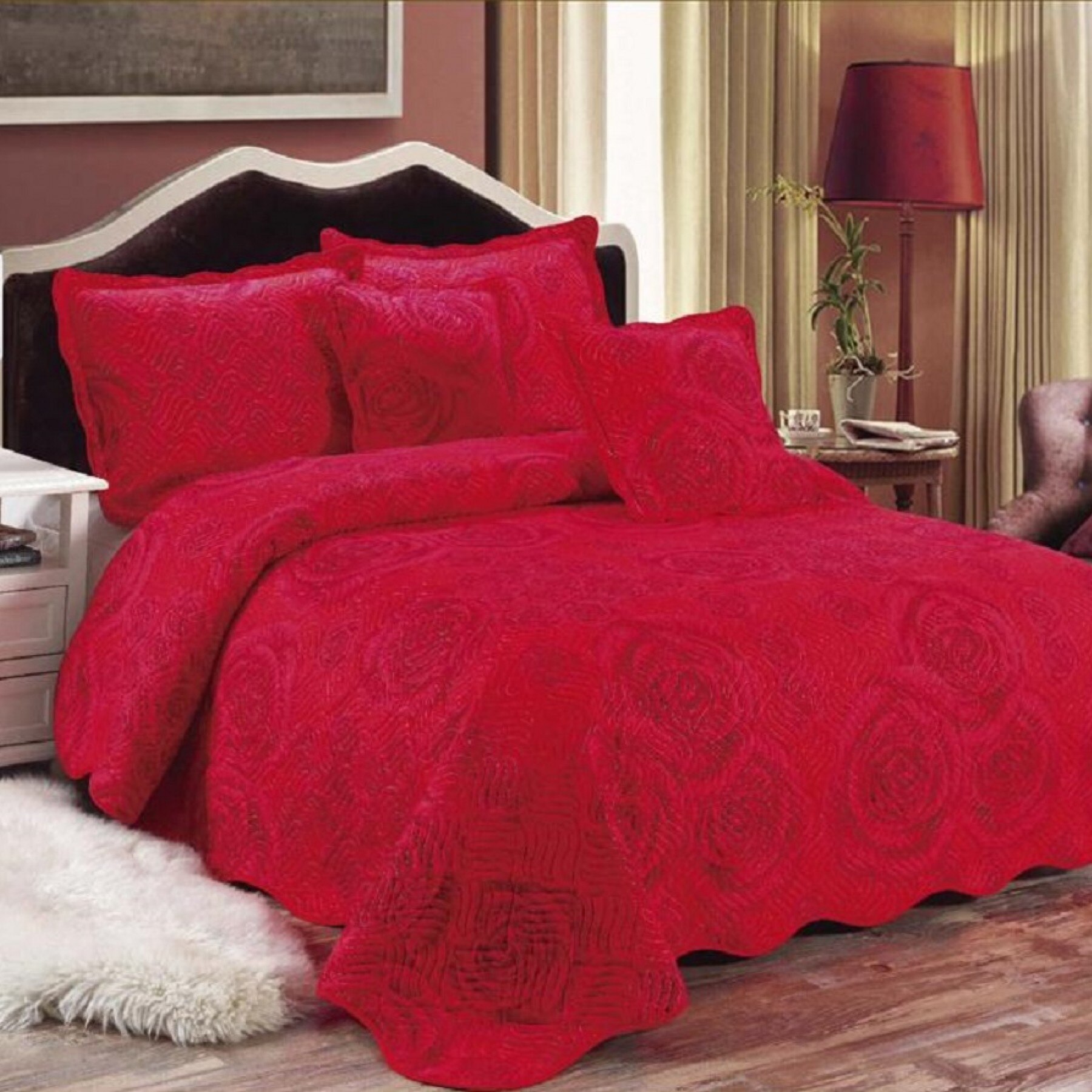 Cuvertura de pat + 4 Fete de Perna – Pat 2 Persoane – 100% bumbac , culoare rosu