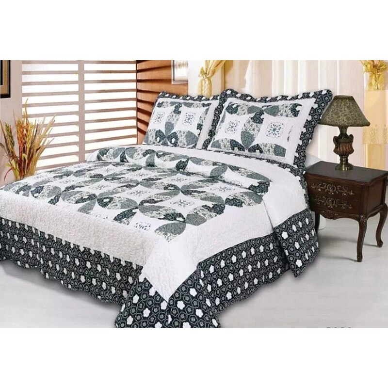 Cuvertura de pat din finet , imprimata, 3 piese , culoare alb/cenusiu