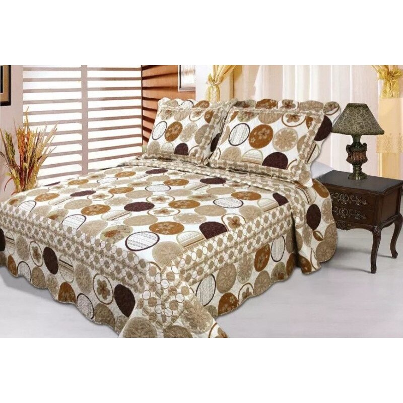 Cuvertura de pat din finet , imprimata, 3 piese , culoare cacao cu lapte , model cercuri