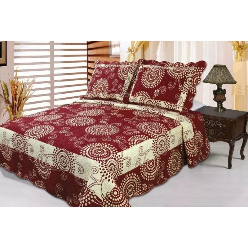 Cuvertura de pat din finet , imprimata, 3 piese , culoare bordo/bej