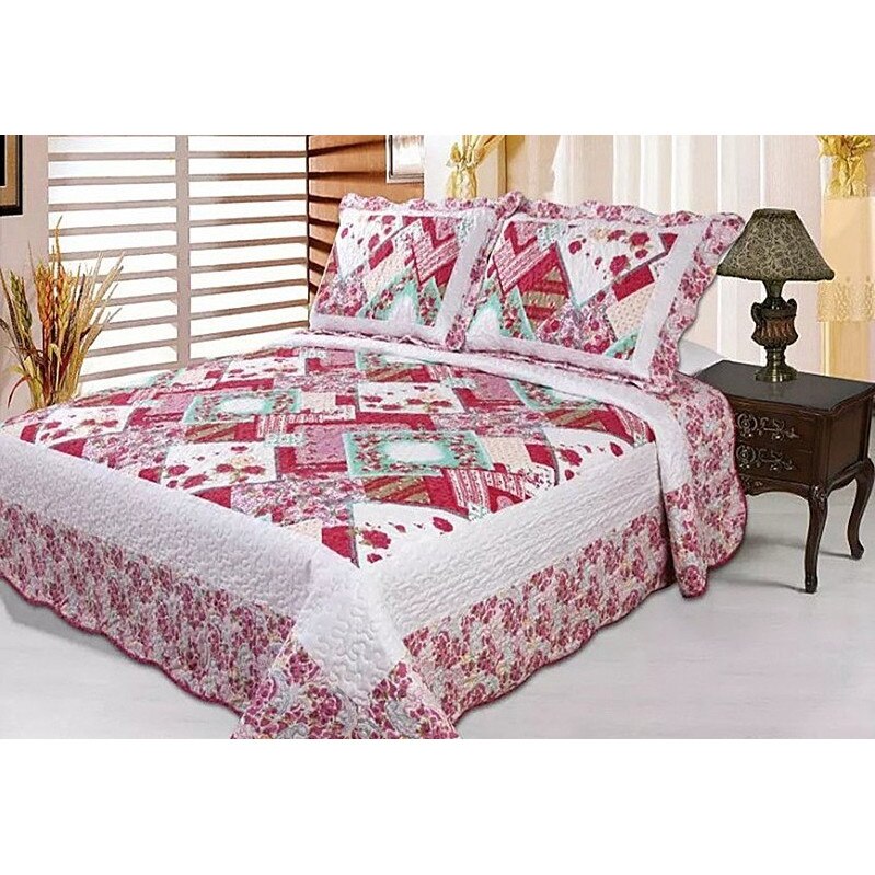 Cuvertura de pat din finet , imprimata, 3 piese , culoare roz