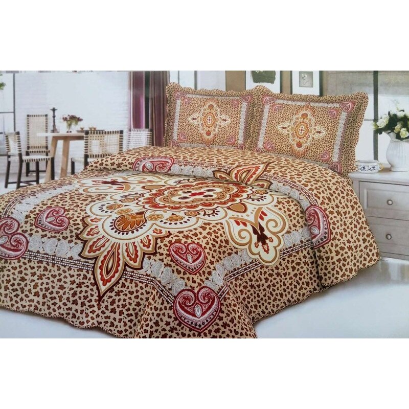 Cuvertura de pat din finet , imprimata, 3 piese , culoare bej deschis
