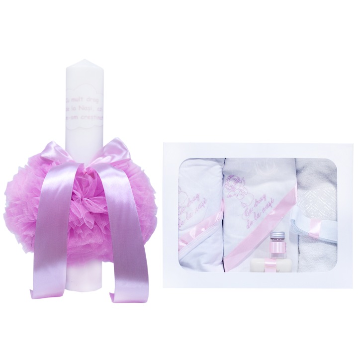 Set complet pentru botez, lumanare si trusou, alb-roz, cu mesaj „Cu mult drag de la nasi” pentru botez, 7 piese, REC346