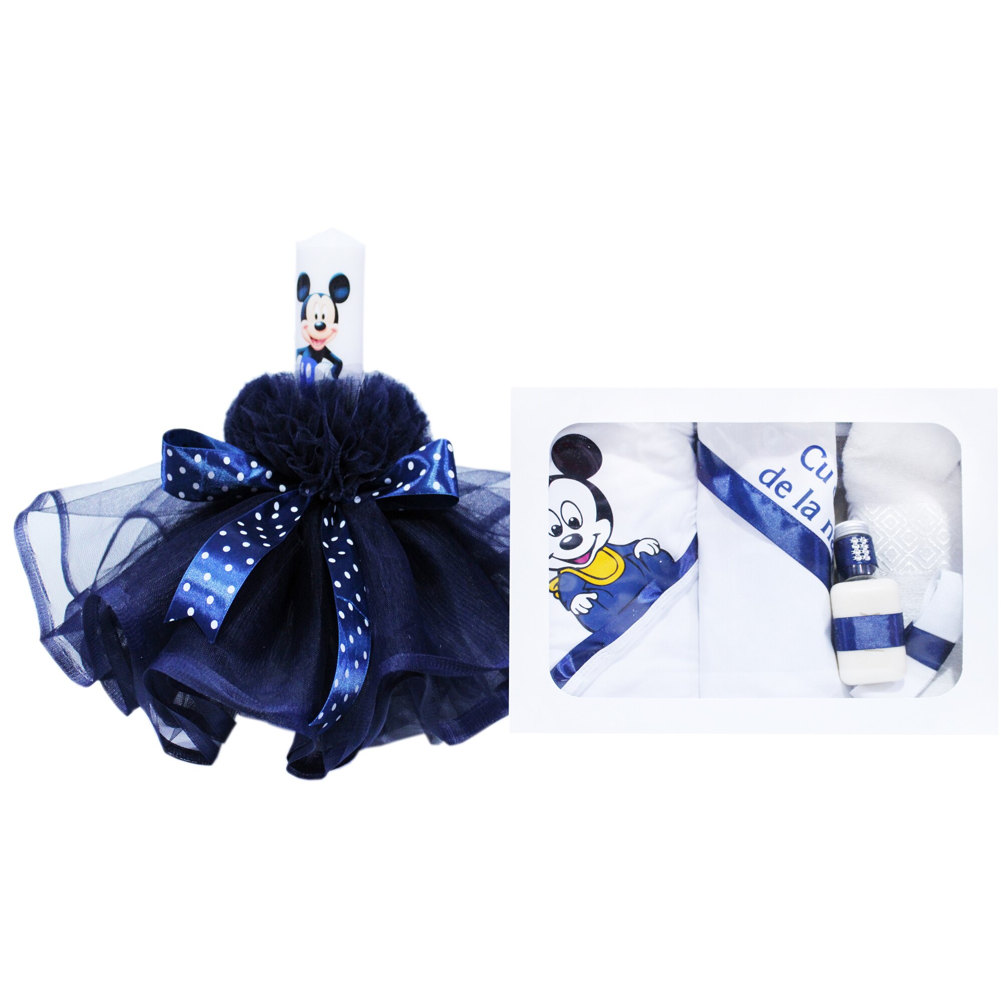 Set complet pentru botez, lumanare si trusou, alb-bleumarin, cu mesaj „Cu mult drag de la nasi”, Mickey Mouse, 7 piese, REC354