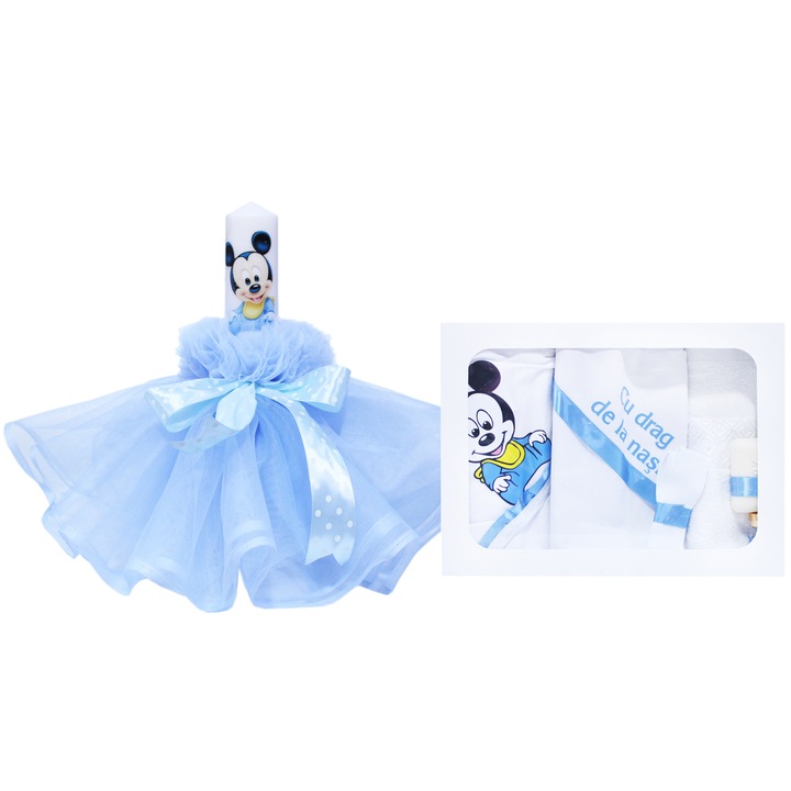 Set complet pentru botez, lumanare si trusou, alb-bleu, cu mesaj „Cu mult drag de la nasi”, Mickey Mouse, 7 piese, REC356