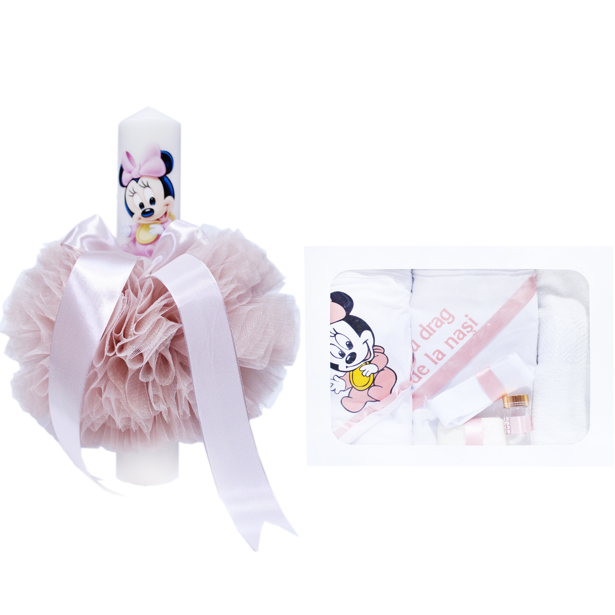 Set complet pentru botez, lumanare tip glob si trusou, alb-roz pudrat, cu mesaj „Cu mult drag de la nasi”, Minnie Mouse, 7 piese, REC359