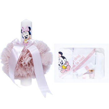 Set complet pentru botez, lumanare tip glob si trusou, alb-roz pudrat, cu mesaj „Cu mult drag de la nasi”, Minnie Mouse, 7 piese, REC359 Set complet pentru botez, lumanare tip glob si trusou, alb-roz pudrat, cu mesaj „Cu mult drag de la nasi”, Minnie Mouse, 7 piese, REC359