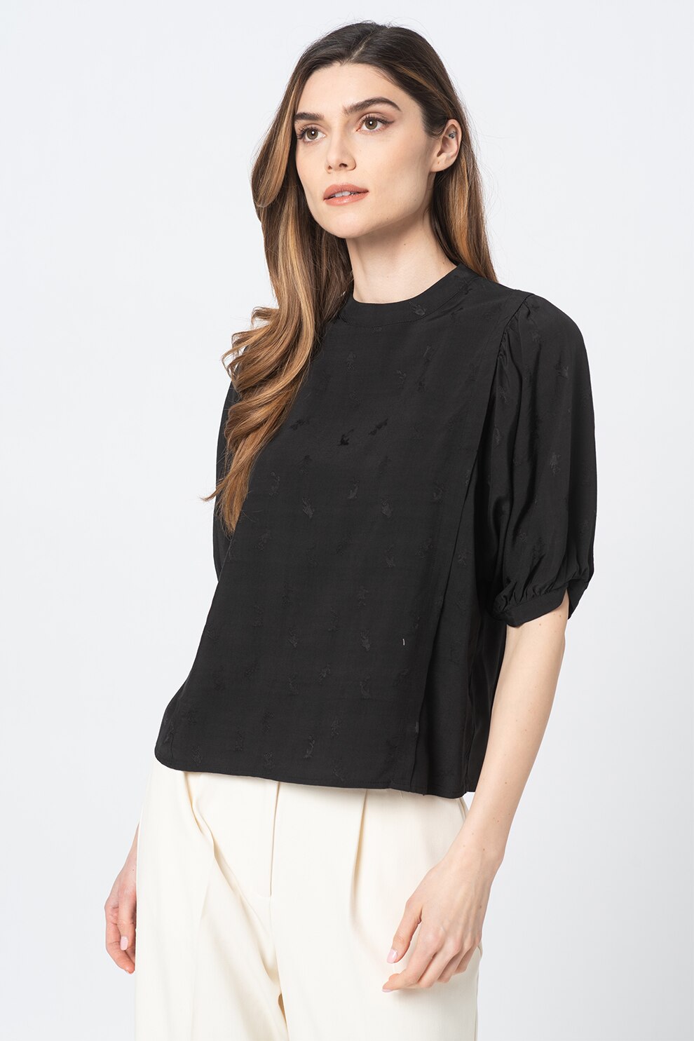 ICHI, Bluza cu maneci medii Fabianne, Negru