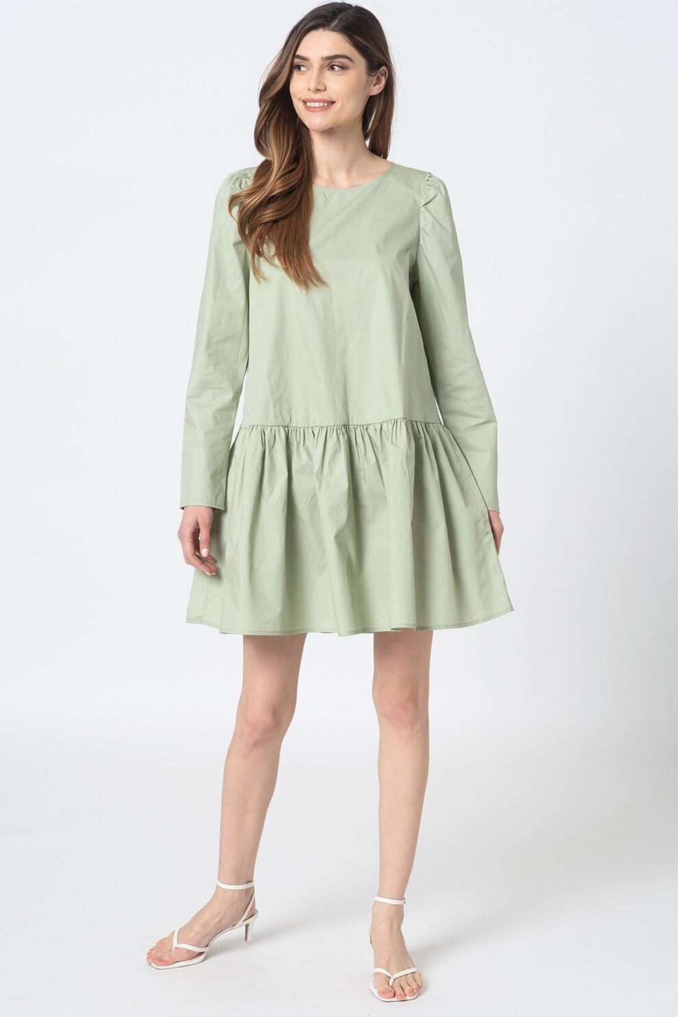 ICHI, Rochie evazata cu decolteu rotund Halyn, Verde pal