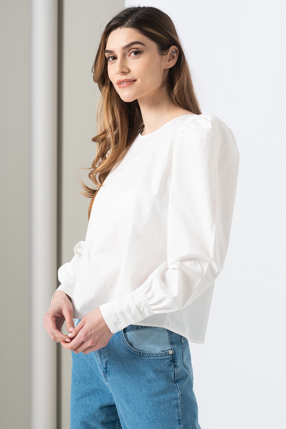 ICHI, Bluza din bumbac cu maneci bufante Halyn, Alb optic, M