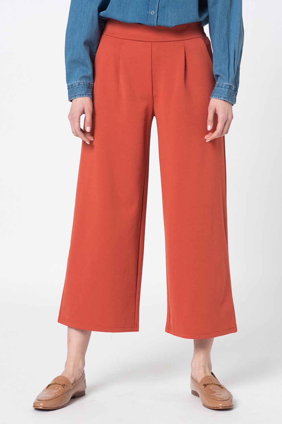 ICHI, Pantaloni crop cu croiala ampla Kate, Rosu caramiziu