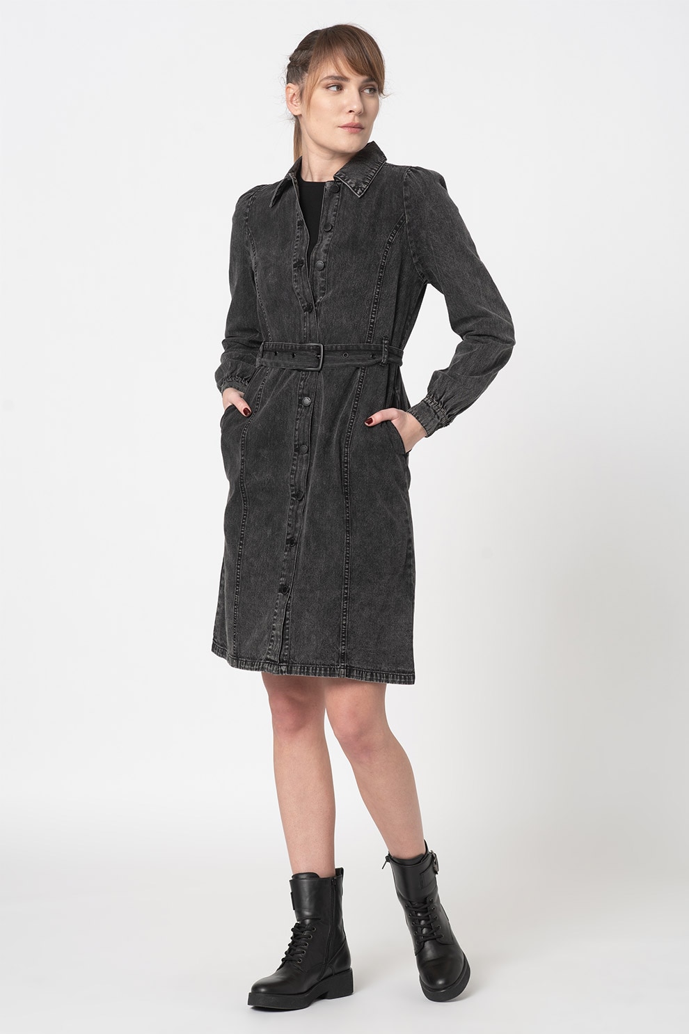 b.young, Rochie tip camasa mini din denim Kalika, Gri inchis