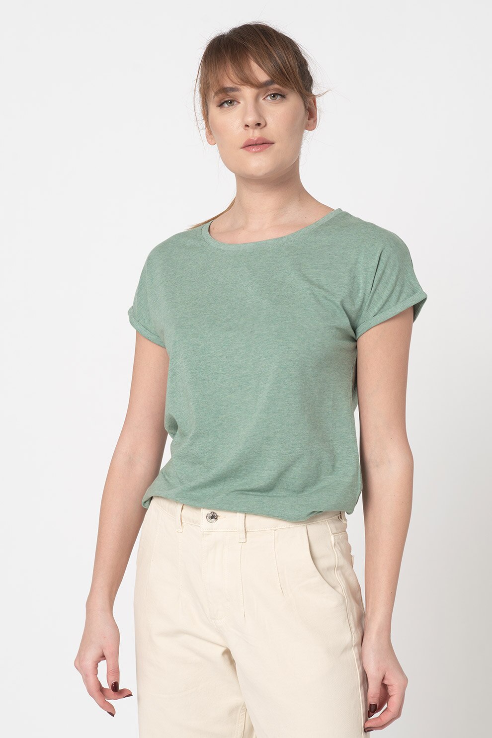 b.young, Tricou din amestec de bumbac organic si modal Pamila, Verde persan