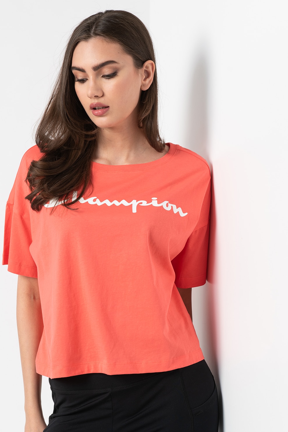 Champion, Tricou lejer de bumbac cu logo, Roz aprins