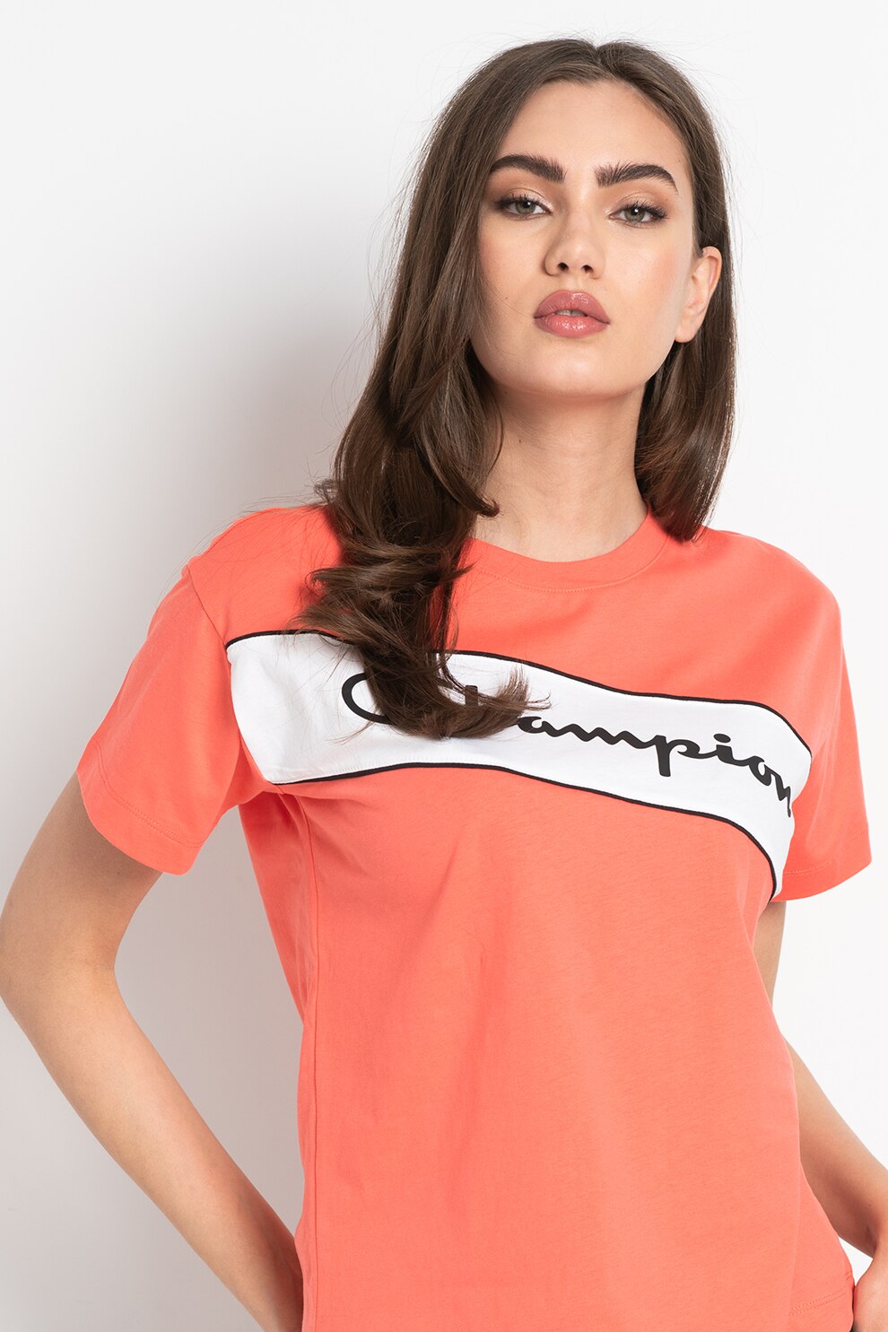 Champion, Tricou de bumbac cu imprimeu logo, Roz aprins