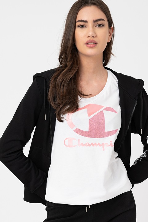 Champion, Hanorac cu fermoar si logo, Negru, XS