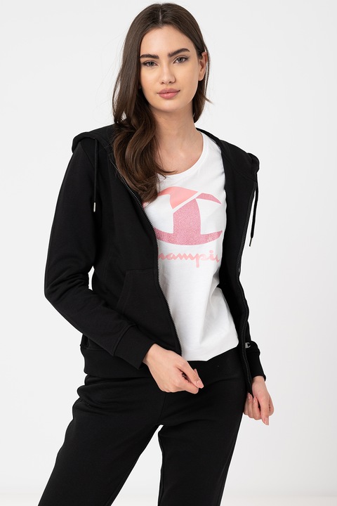 Champion, Hanorac cu fermoar si logo, Negru, XS