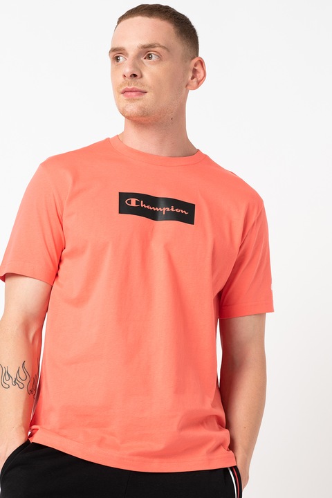 Champion, Tricou cu imprimeu logo si decolteu la baza gatului, Roz aprins, XL