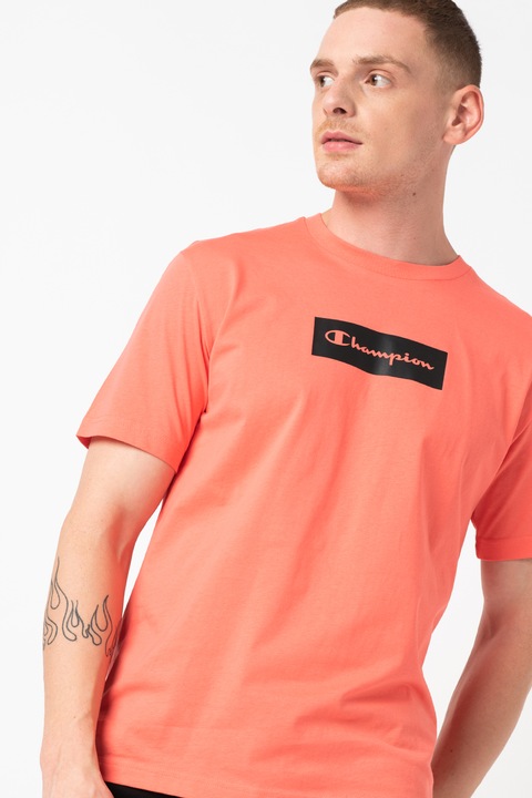 Champion, Tricou cu imprimeu logo si decolteu la baza gatului, Roz aprins, XL