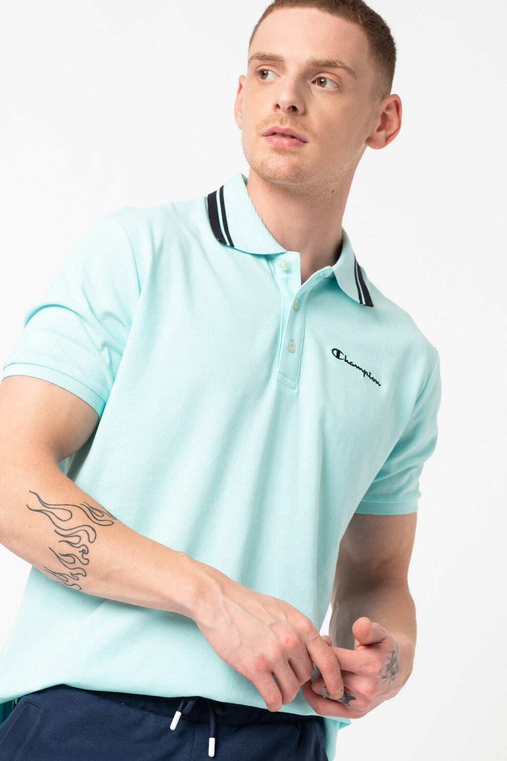 Champion, Tricou polo din pique cu broderie logo discreta, Albastru aquamarin
