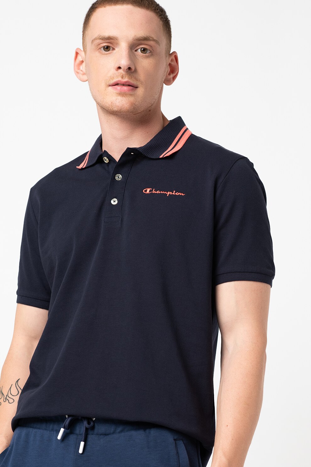 Champion, Tricou polo din pique cu broderie logo discreta, Bleumarin inchis