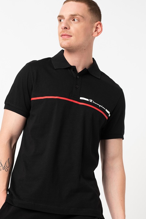 Champion, Tricou polo cu imprimeu logo contrastant European Classics, Negru, M