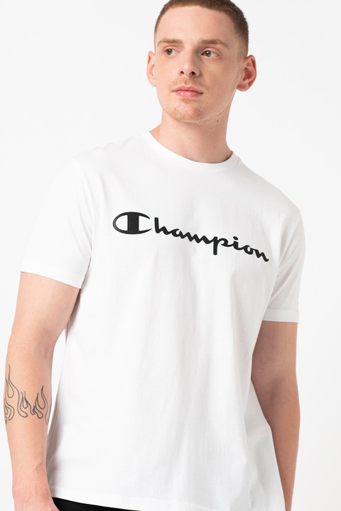 Champion, Tricou cu decolteu la baza gatului si imprimeu logo supradimensionat, Alb, 3XL