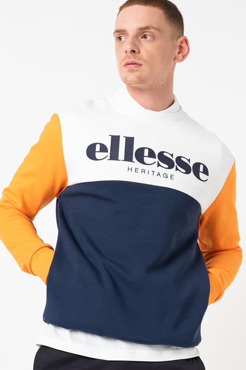 ELLESSE, Bluza sport cu model colorblock si imprimeu logo Superstar, Bleumarin/Alb/Oranj, L