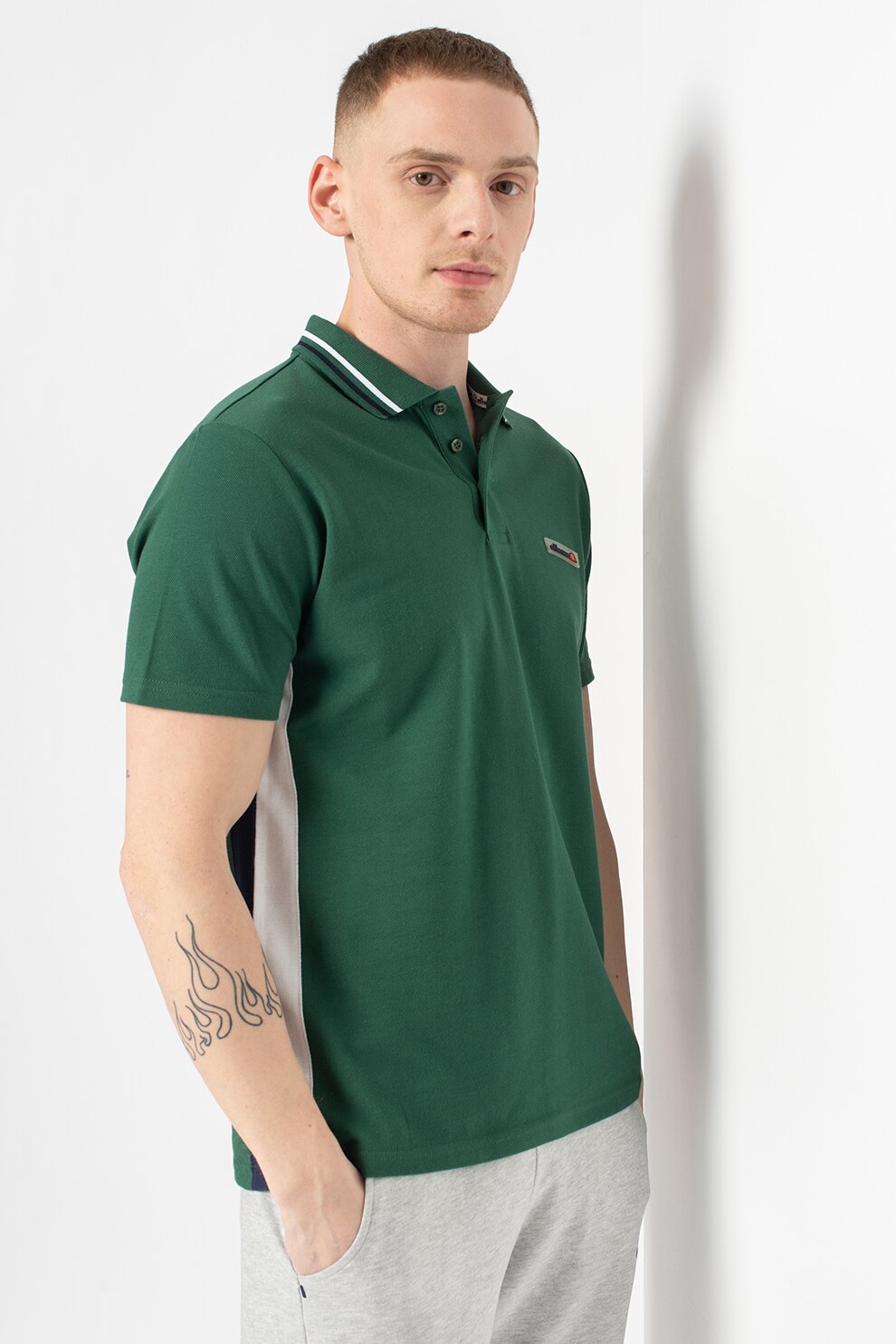 ELLESSE, Tricou polo cu accente cu model in dungi, Verde, S