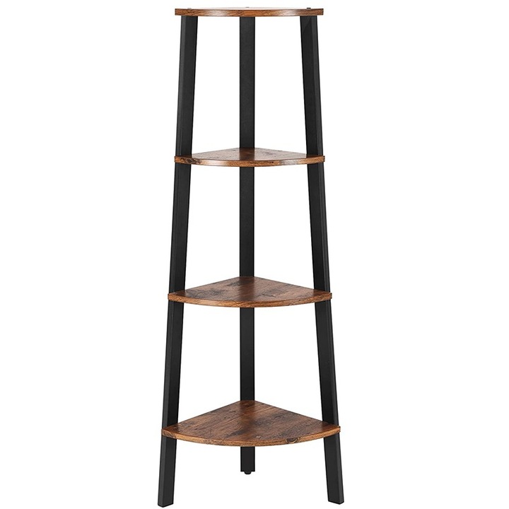 VASAGLE Raft de colt cu 4 etaje, tip biblioteca, cadru metal si polite lemn, industrial, 34 x 34 x 125cm, maro rustic