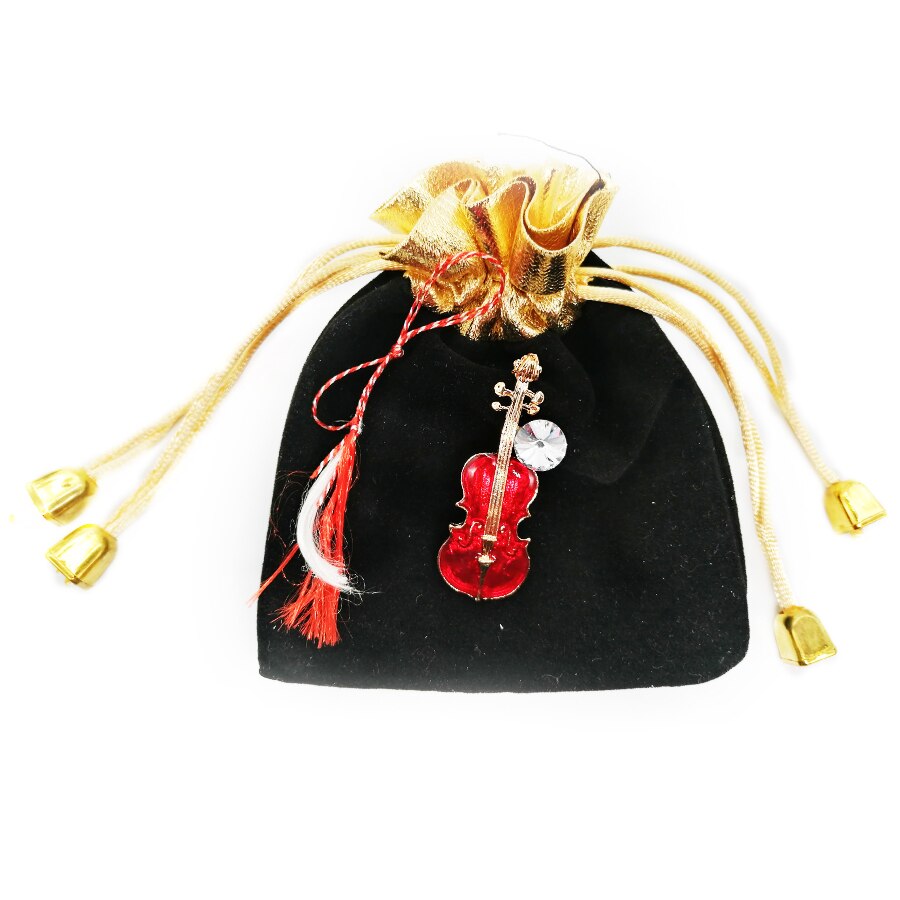 Martisor brosa mare, vioara metalica, in saculet de catifea