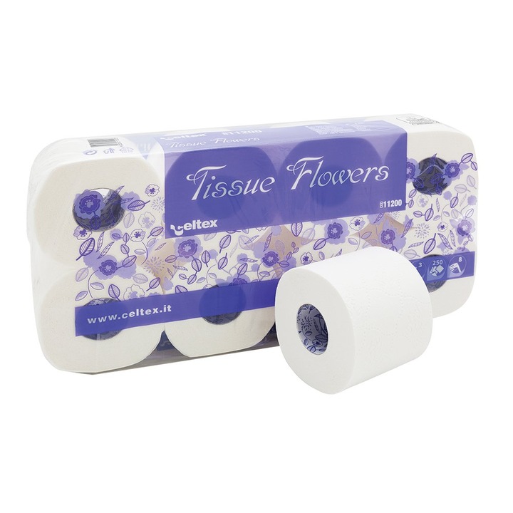 WC-papír mini, Celtex, Tissue Flowers, 3 rétegű, fehér, 8 tekercs/készlet