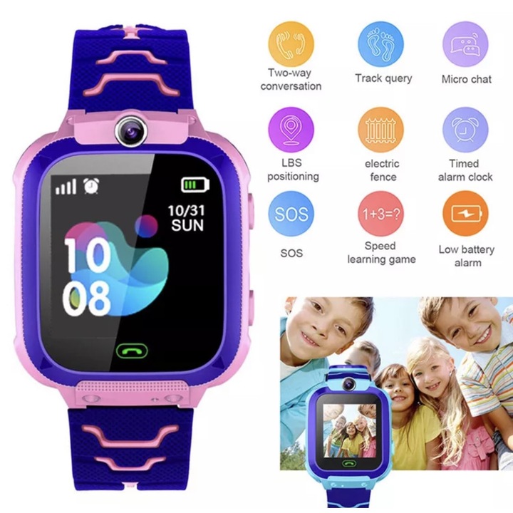 Ceas Smartwatch pentru Copii, Pink, 1.44 Inch, functie telefon, Wi-Fi, localizare camera foto, monitorizare spion, rezistent la apa, praf si soc, touchscreen, buton SOS, perimetru siguranta, istoric locatii GPS, mod silentios