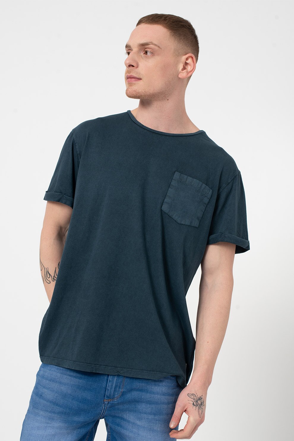 BLEND, Tricou cu decolteu la baza gatului si buzunar pe piept, Bleumarin