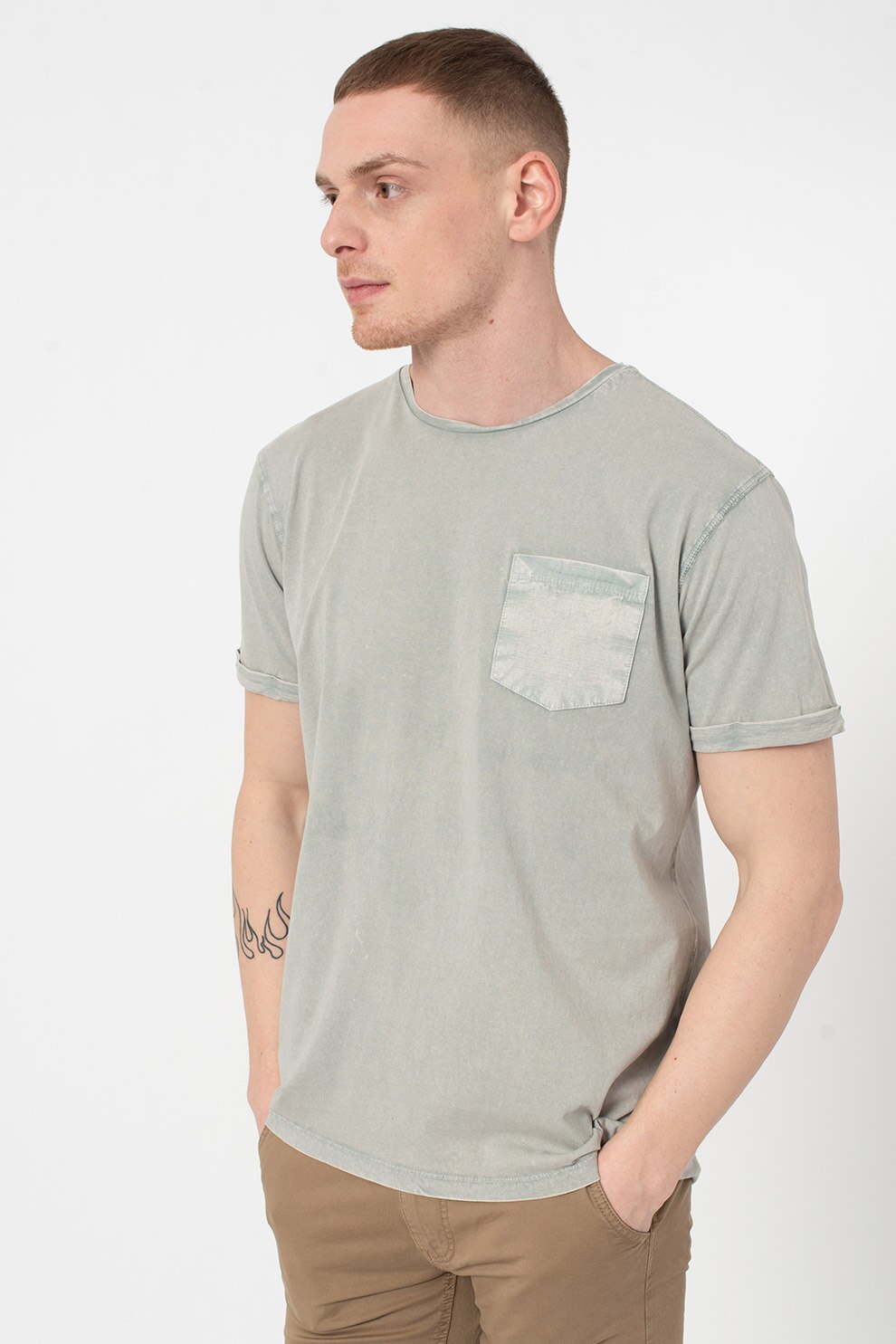 BLEND, Tricou cu decolteu la baza gatului si buzunar pe piept, Gri deschis